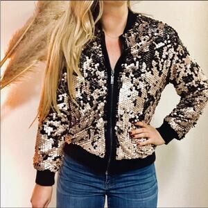 UO Urban Outfitters Black Bronze Gold Matte Lex Sequin Satin Bomber Jacket M
